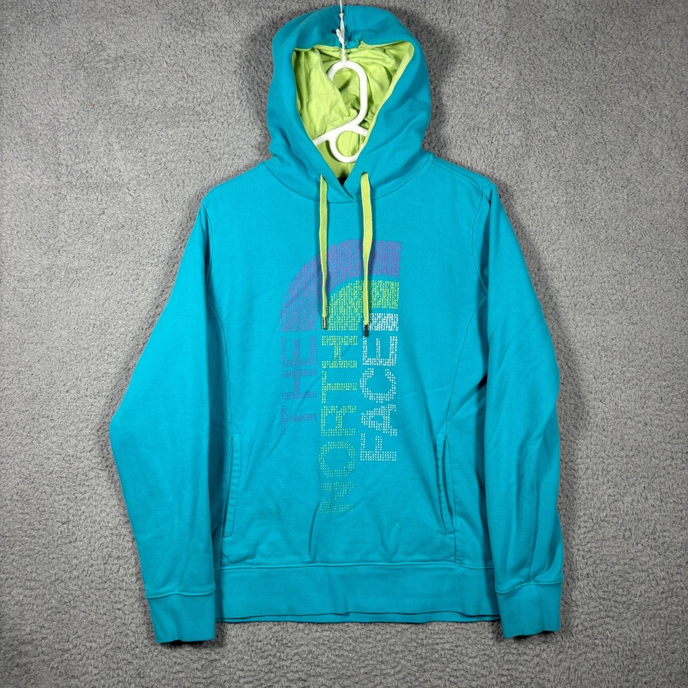 The North Face Hoodie Womens L Teal Blue Graphic Logo Pullover Fleece Pockets